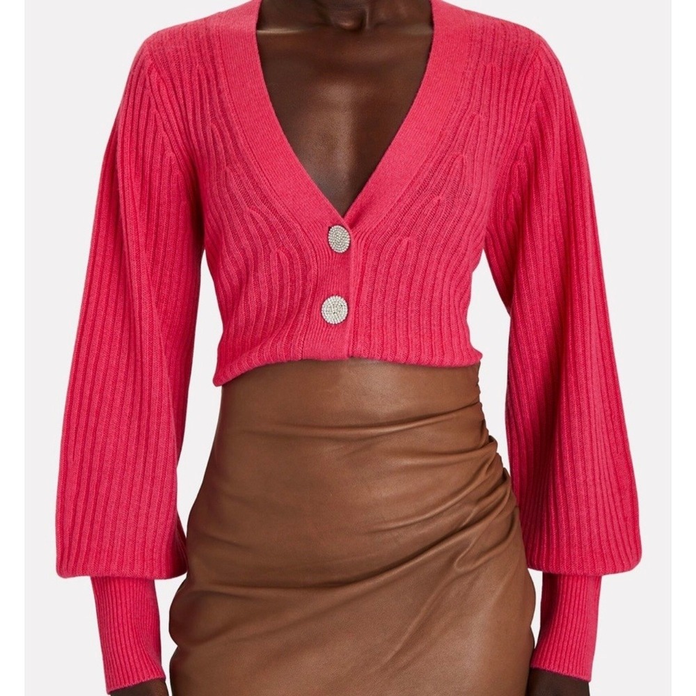 INTERMIX Cashmere Cardigan Women Small Pink  Ribbed Knit Rhinestone Buttons Crop